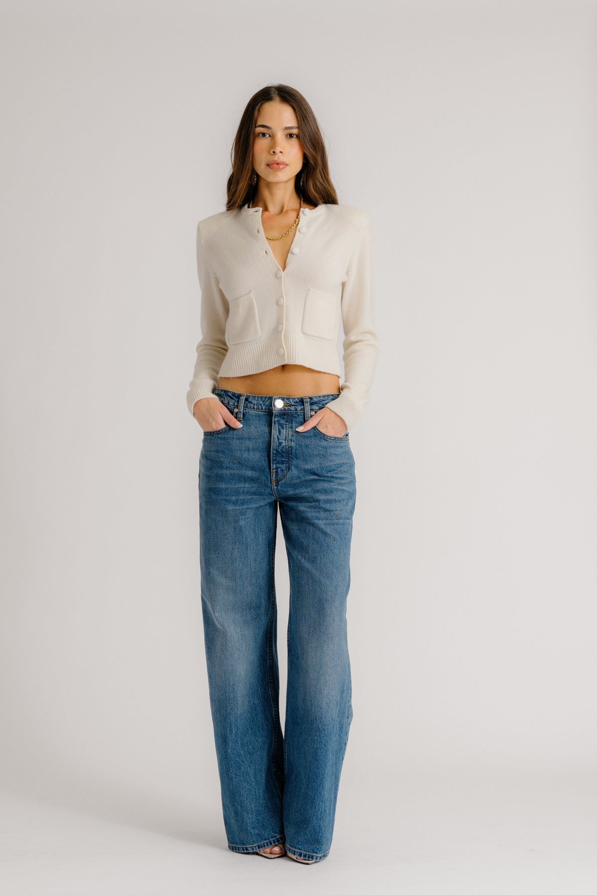 EMILIA SHOULDER PAD CASHMERE CARDIGAN | GARDENIA