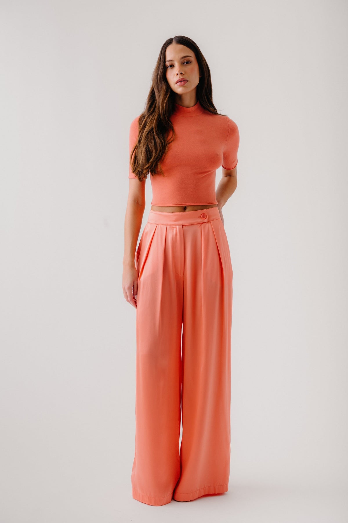 EMBER CASHMERE CROPPED SHORT SLEEVE MOCK NECK | MELON