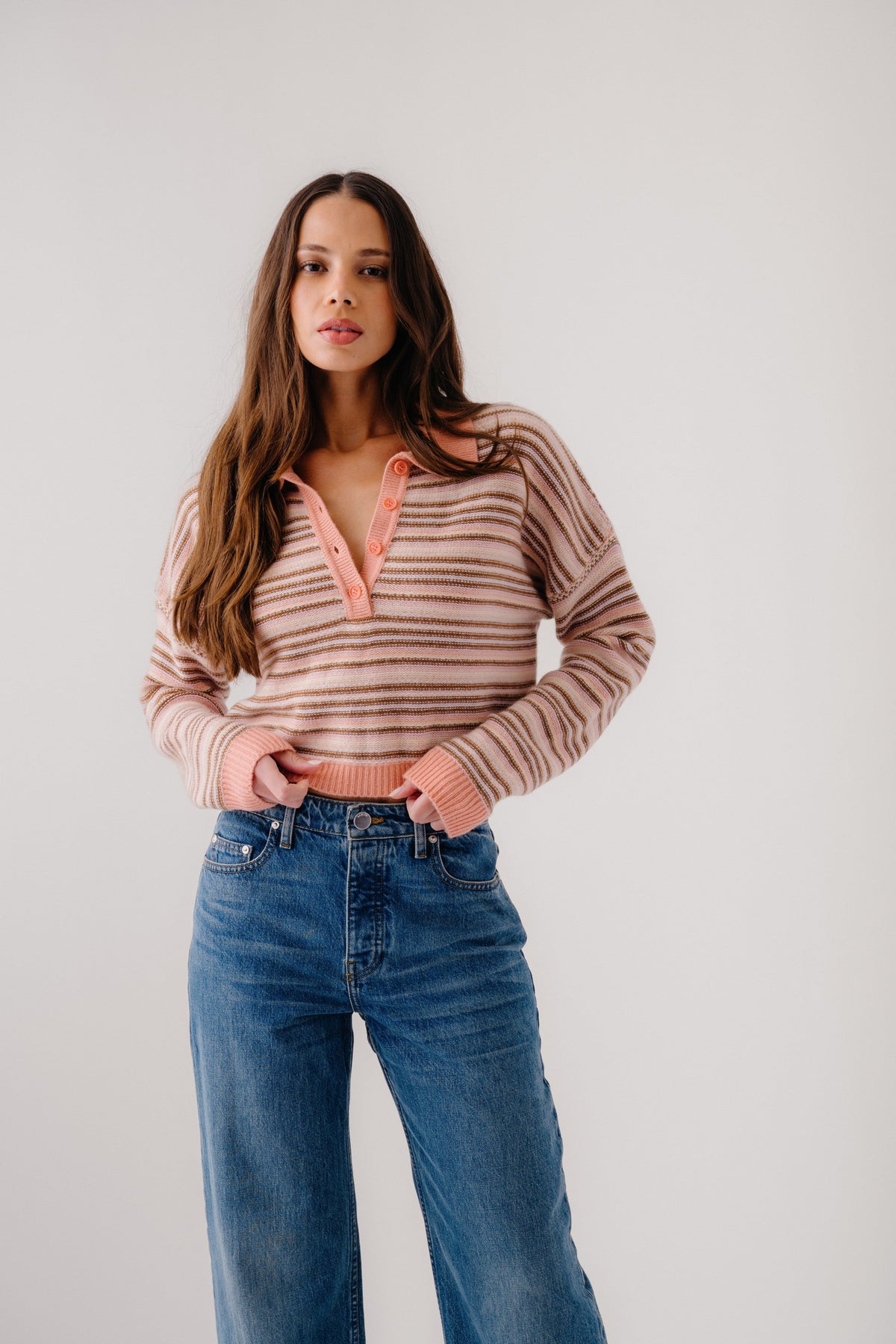 MADDIE CASHMERE CROPPED STRIPE POLO | MELON