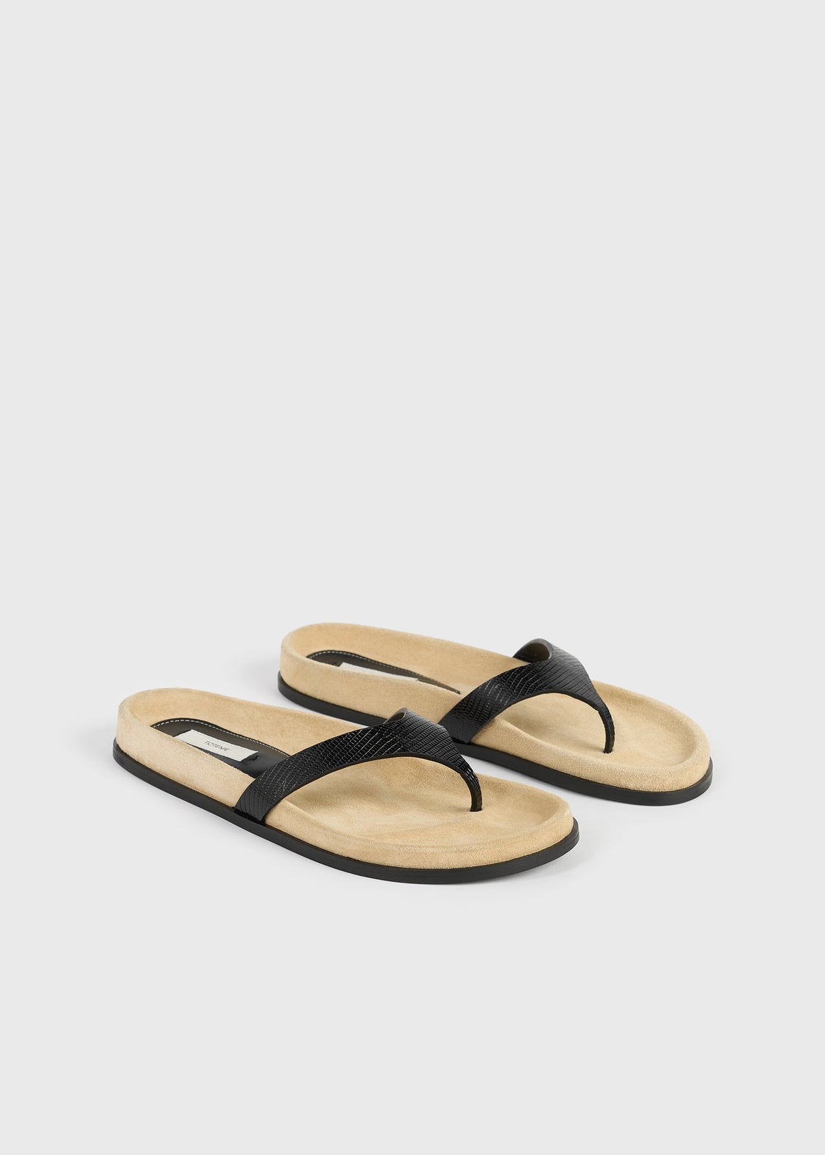Contoured lizard-embossed flip flops beige/black